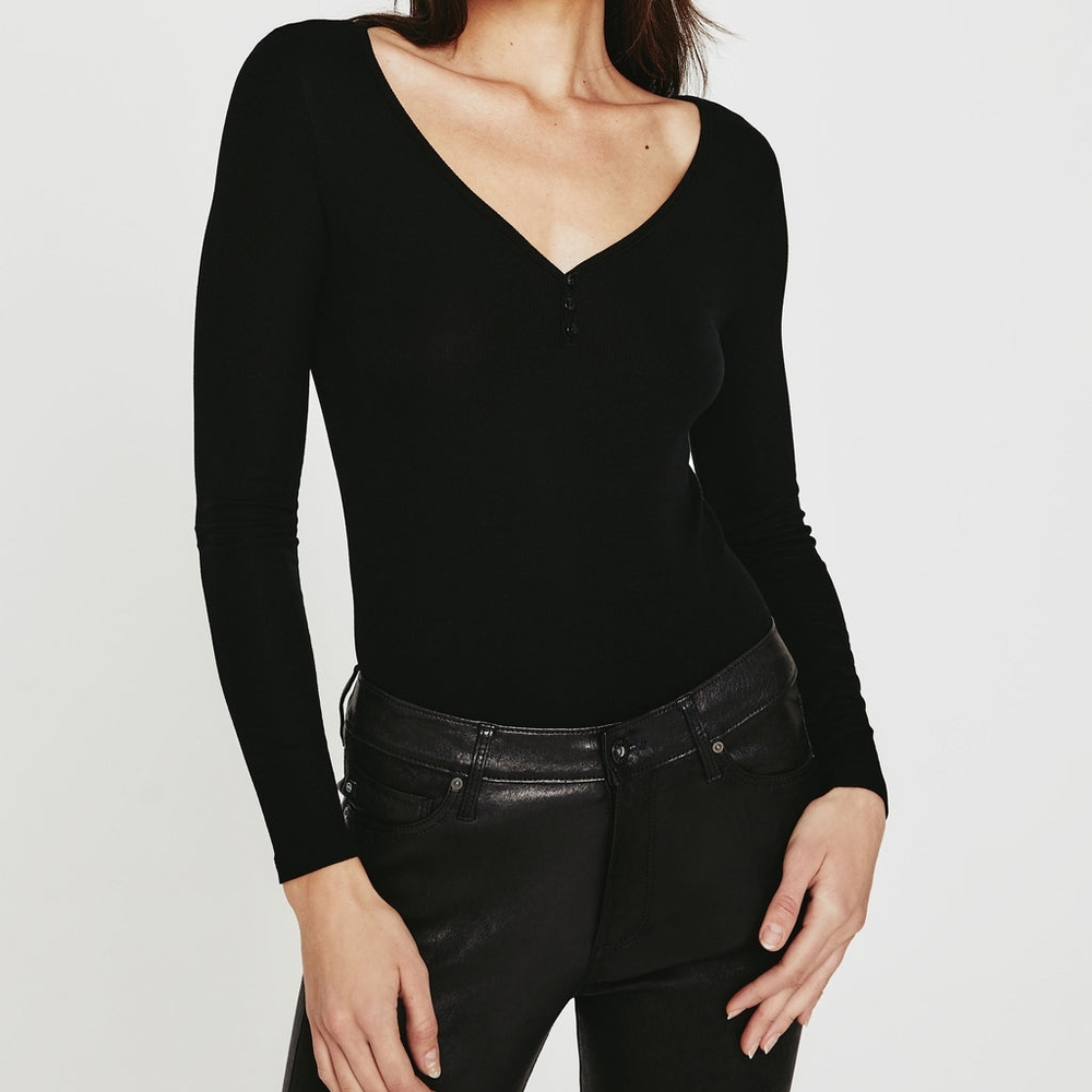 Nwt Ag Adriano Goldschmeid Anita Black Ribbed Long Sleeve Henley T Shirt Small